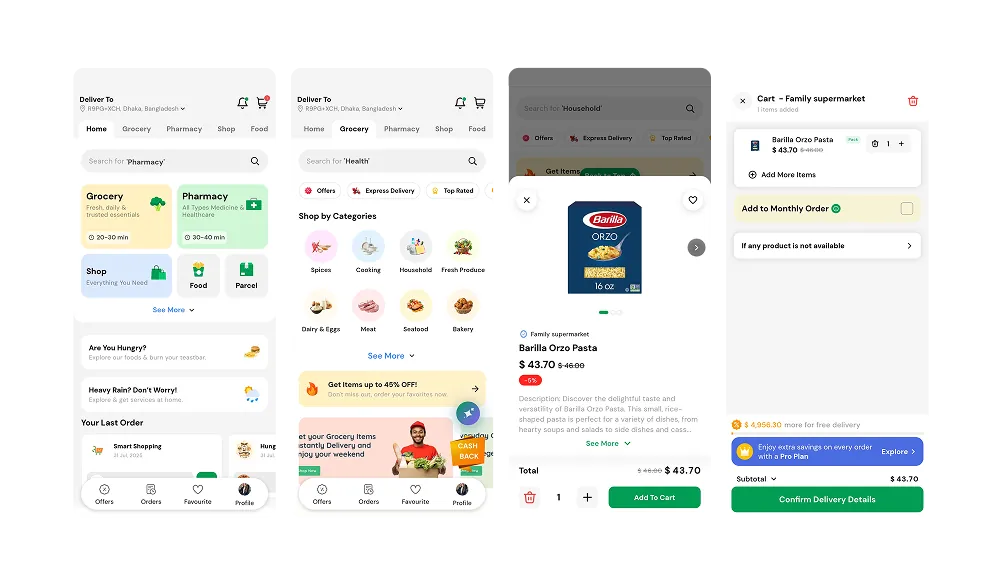 6amMart customer app screens: module picker home, grocery categories, product details and cart