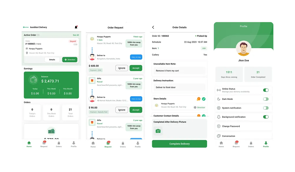 6amMart deliveryman app screens