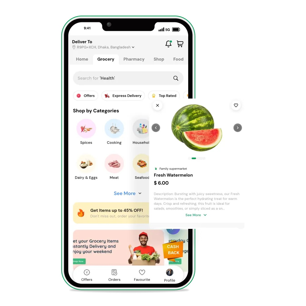 6amMart customer app showing the grocery module home screen and a product sheet