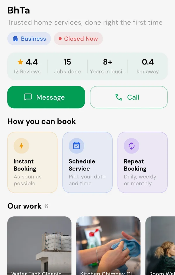 Business provider profile with booking options