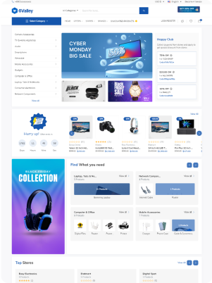 6Valley storefront home page with category menu, sale banners and product rows