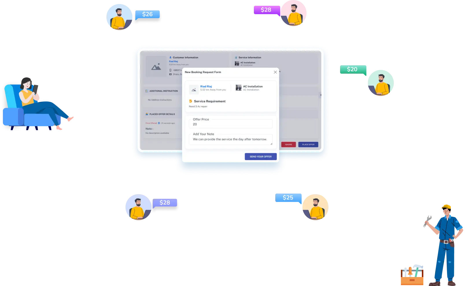 Demandium custom booking and bidding screens where providers send offers for a customer request