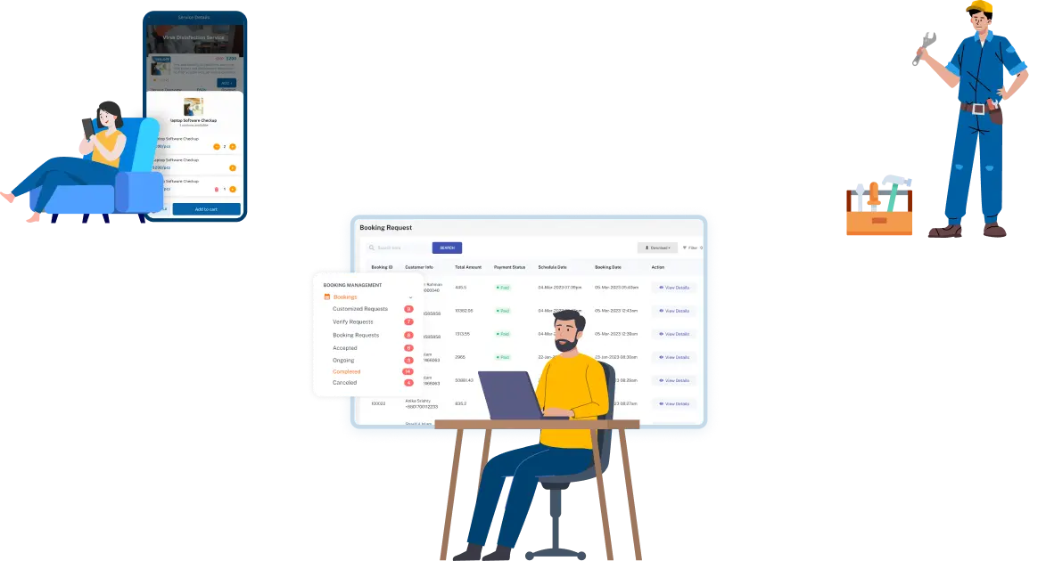 Demandium booking flow: customer selecting a service in the app and admin managing booking requests